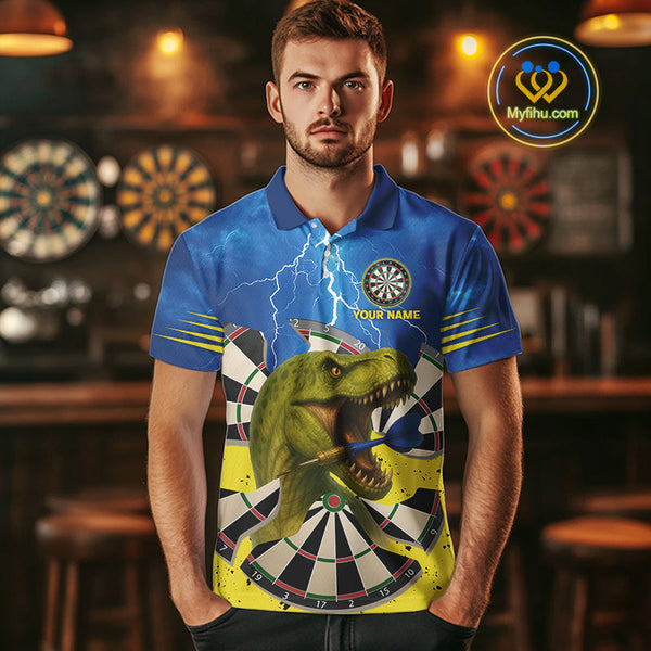 Custom Blue Thunder Lightning Funny Dinosaur Dart Team Polo Shirts For Men NYN0398