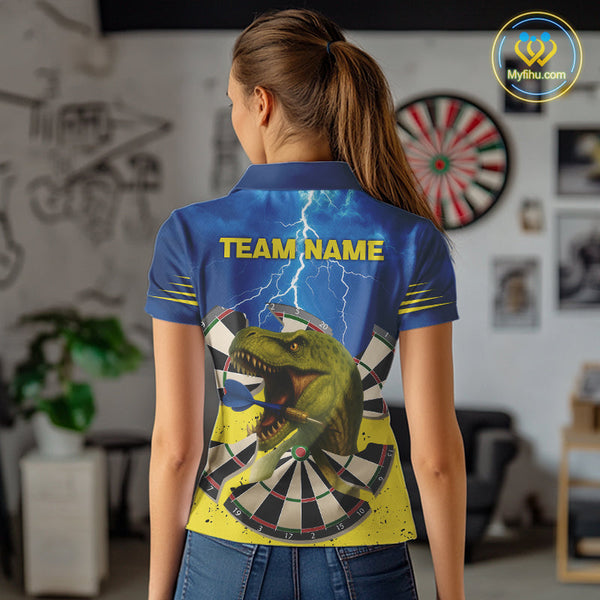 Custom Blue Thunder Lightning Funny Dinosaur Dart Team Polo Shirts For Women NYN0398