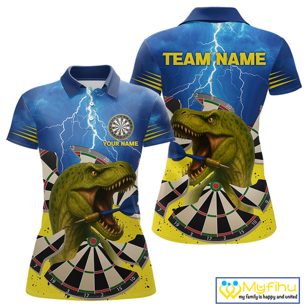 Custom Blue Thunder Lightning Funny Dinosaur Dart Team Polo Shirts For Women NYN0398