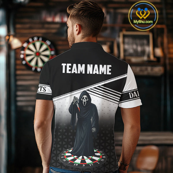 Custom Black And White Grim Reaper Dart Men Polo Shirt, Halloween Dart Outfit NYN0673