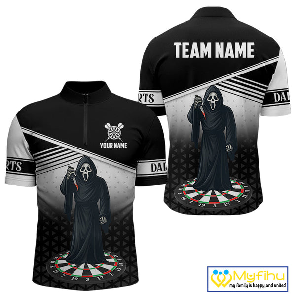 Custom Black And White Grim Reaper Dart Men Quarter-Zip Shirt, Halloween Dart Outfit NYN0673
