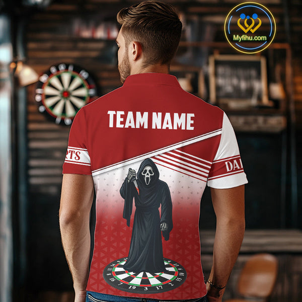 Custom Red And White Grim Reaper Dart Men Polo Shirt, Halloween Dart Outfit NYN0674