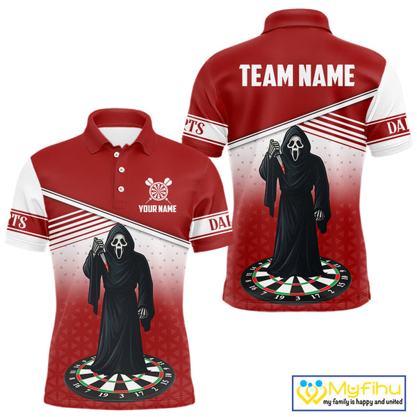 Custom Red And White Grim Reaper Dart Men Polo Shirt, Halloween Dart Outfit NYN0674