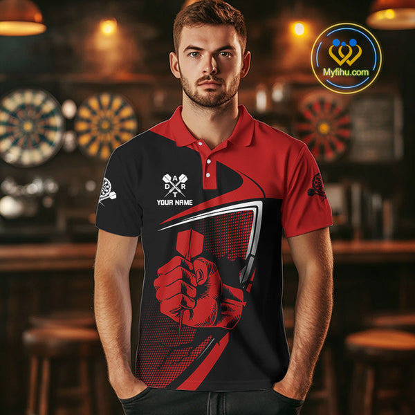 Custom Black And Red Strong Darts Team Men Polo Shirts, Dart Jerseys NYN0064