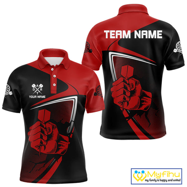 Custom Black And Red Strong Darts Team Men Polo Shirts, Dart Jerseys NYN0064