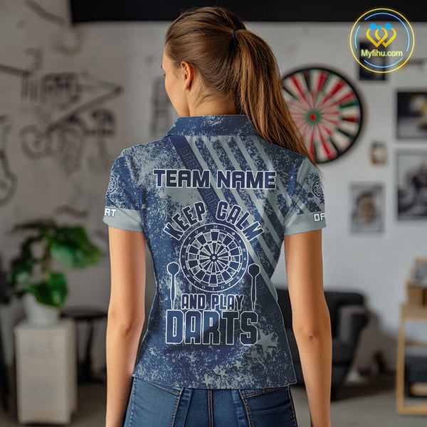 Custom Grunge Blue Vintage Darts Team Women Polo Shirts Sayings Keep Calm And Play Darts NYN0065
