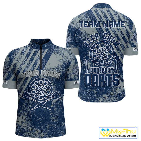 Custom Grunge Blue Vintage Darts Team Men Quarter-Zip Shirts Sayings Keep Calm And Play Darts NYN0065