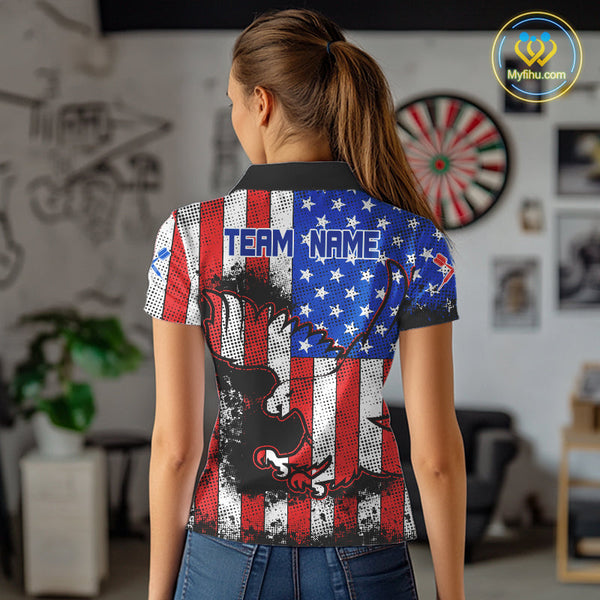 Custom Grunge US Flag Dart Patriotic Eagle Dart Team Polo Shirts For Women NYN0214