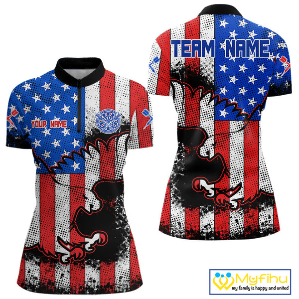 Custom Grunge US Flag Dart Patriotic Eagle Dart Team Quarter-Zip Shirts For Women NYN0214