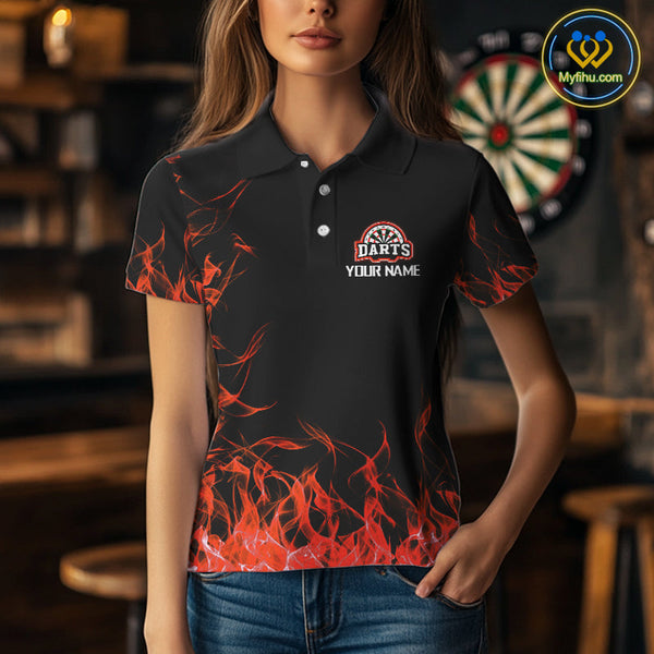 Custom Black And Red Fire Flame Darts Women Polo Shirts For Team, Dart Jerseys NYN0216
