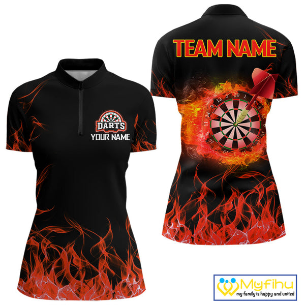 Custom Black And Red Fire Flame Darts Women Quarter-Zip Shirts For Team, Dart Jerseys NYN0216