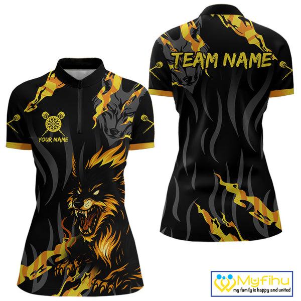 Custom Black And Yellow Camo Wolf Dart Team Women Quarter-Zip Shirts, Dart Jerseys NYN0406