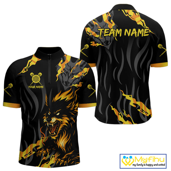 Custom Black And Yellow Camo Wolf Dart Team Men Quarter-Zip Shirts, Dart Jerseys NYN0406