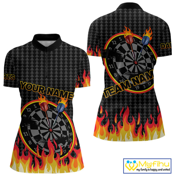 Custom Fire Flame Dartboard Dart Jerseys, Team Women Quarter-Zip Shirt, Dart League Shirt NYN0409