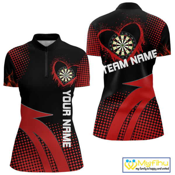 Custom Black And Red Dart Jersey, Love Dart Team Women Quarter-Zip Shirt Dart League Shirt NYN0219