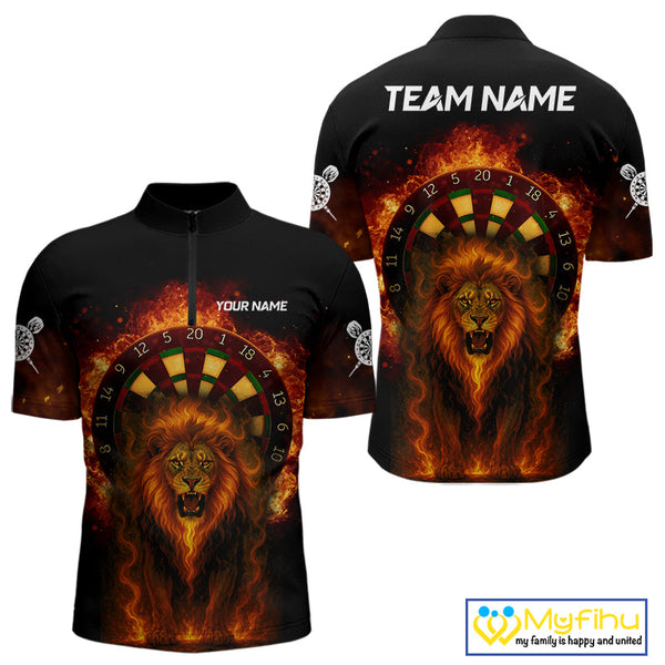 Custom Fire Flame Lion Dart Quarter-Zip Shirts For Men, Dart Team Tournament Shirt NYN0224