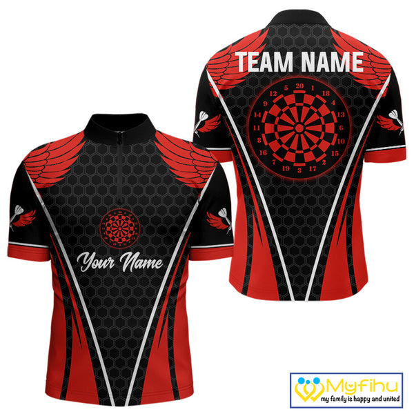 Custom Black And Red Wings Dart Quarter-Zip Shirts For Men, Dart Team Dart League Shirt NYN0225