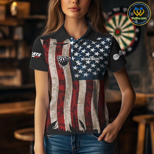 Custom Vintage US Flag Dart Patriotic Dart Team Women Polo Shirts, Retro Dart Jerseys NYN0420