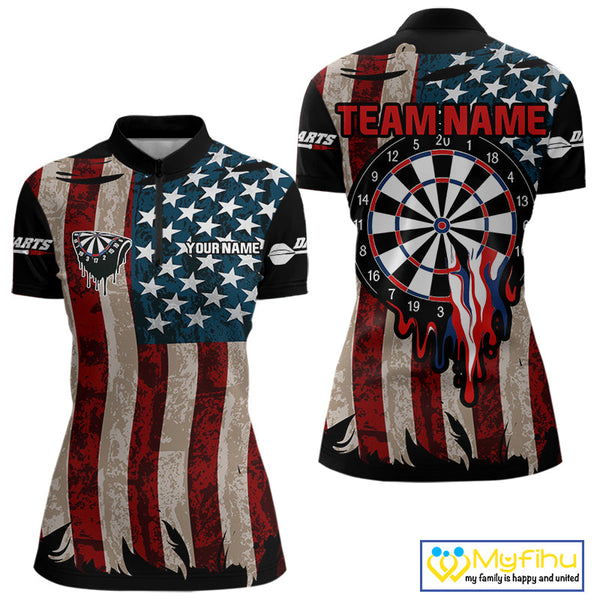 Custom Vintage US Flag Dart Patriotic Dart Team Women Quarter-Zip Shirt, Retro Dart Jersey NYN0420