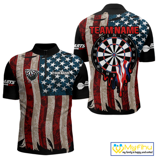 Custom Vintage US Flag Dart Patriotic Dart Team Men Quarter-Zip Shirts, Retro Dart Jerseys NYN0420