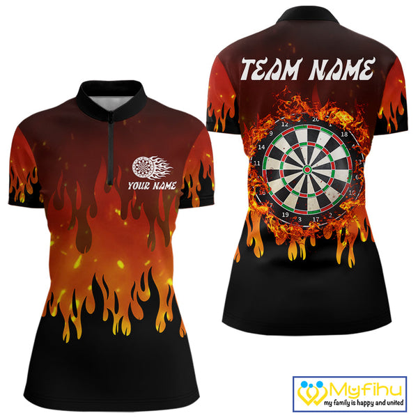 Custom Fire Flame Dartboard Dart Team Women Quarter-Zip Shirts, Dart Jerseys NYN0226