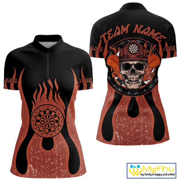 Custom Flame Dart Jerseys, Firefighter Skull Dart Team Quarter-Zip Shirts For Women NYN0229