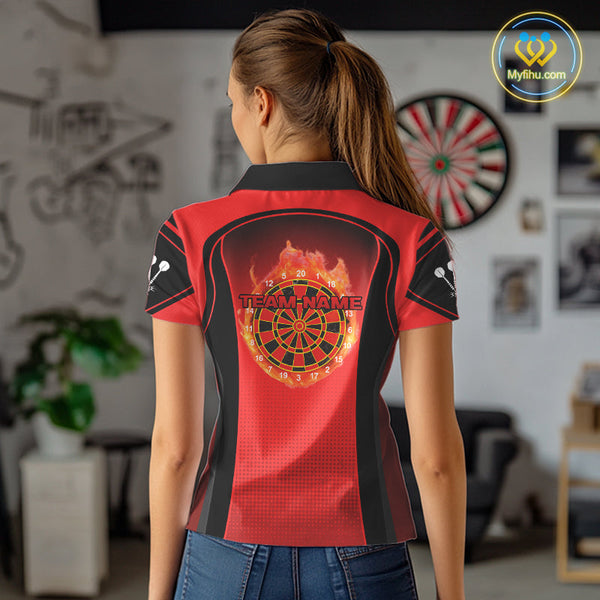 Custom Black And Red Fire Flame Dartboard Dart Jerseys, Dart Polo Shirts For Women NYN0428