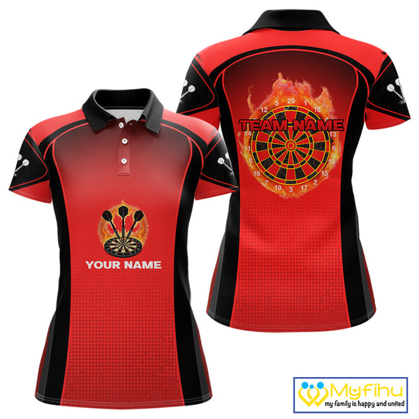 Custom Black And Red Fire Flame Dartboard Dart Jerseys, Dart Polo Shirts For Women NYN0428