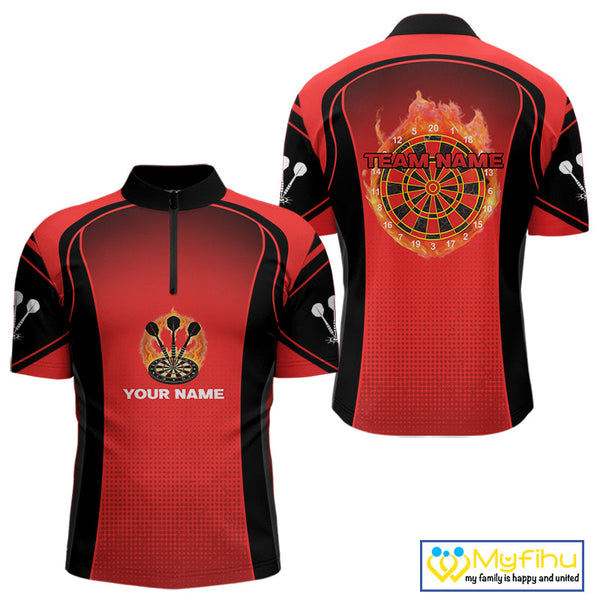 Custom Black And Red Fire Flame Dartboard Dart Jerseys, Dart Quarter-Zip Shirts For Men NYN0428