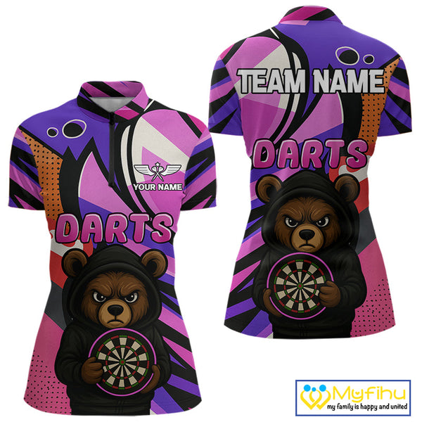 Custom Colorful Funny Bear Dart Team Quarter-Zip Shirt For Women, Dart Jersey NYN0435