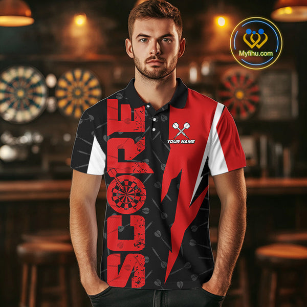 Custom Black And Red Grunge Dart Score Dart Team Men Polo Shirts, Dart Jerseys NYN0612