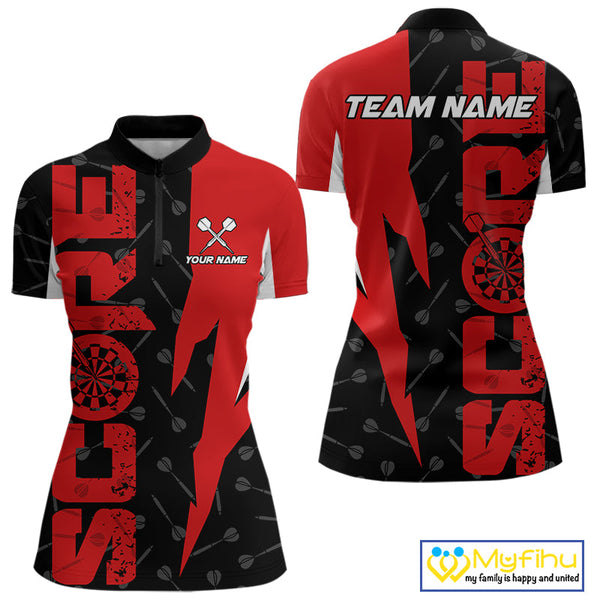 Custom Black And Red Grunge Dart Score Dart Team Women Quarter-Zip Shirts, Dart Jerseys NYN0612