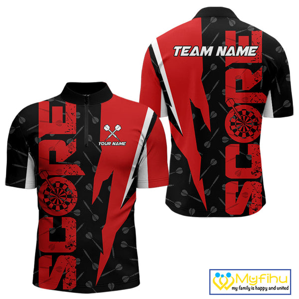 Custom Black And Red Grunge Dart Score Dart Team Men Quarter-Zip Shirts, Dart Jerseys NYN0612