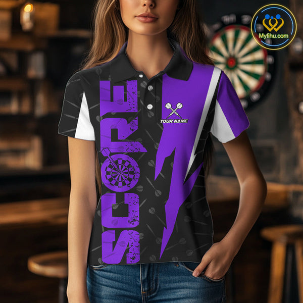 Custom Black And Purple Grunge Dart Score Dart Team Women Polo Shirts, Dart Jerseys NYN0613