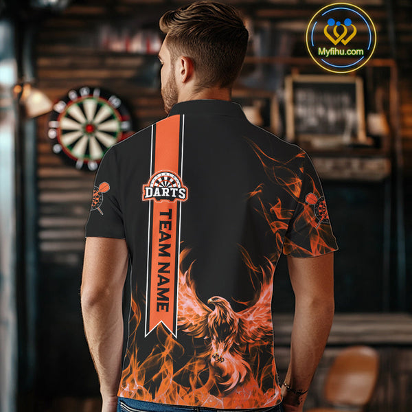 Custom Black And Orange Fire Flame Eagle Darts Team Men Polo Shirt, Dart League Shirt NYN0069