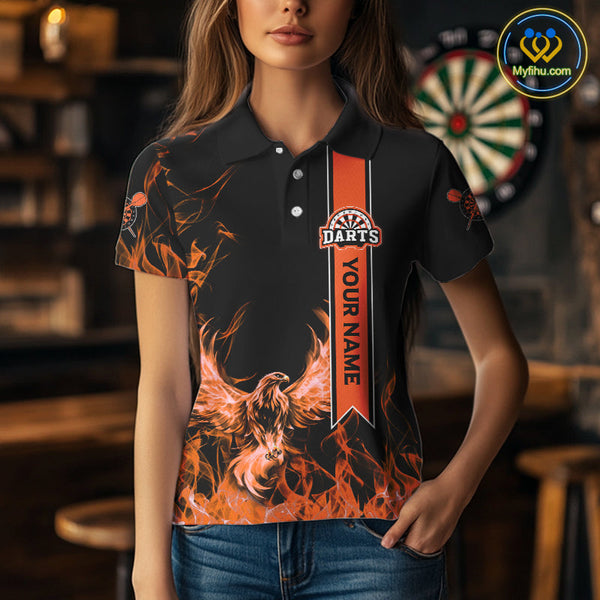 Custom Black And Orange Fire Flame Eagle Darts Team Women Polo Shirt, Dart League Shirt NYN0069