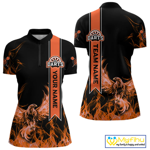 Custom Black And Orange Fire Flame Eagle Darts Women Quarter-Zip Shirt, Dart League Shirt NYN0069