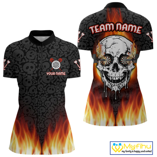 Custom Flame Skull Darts Team Quarter-Zip Shirts For Women, Halloween Dart Shirt NYN0070