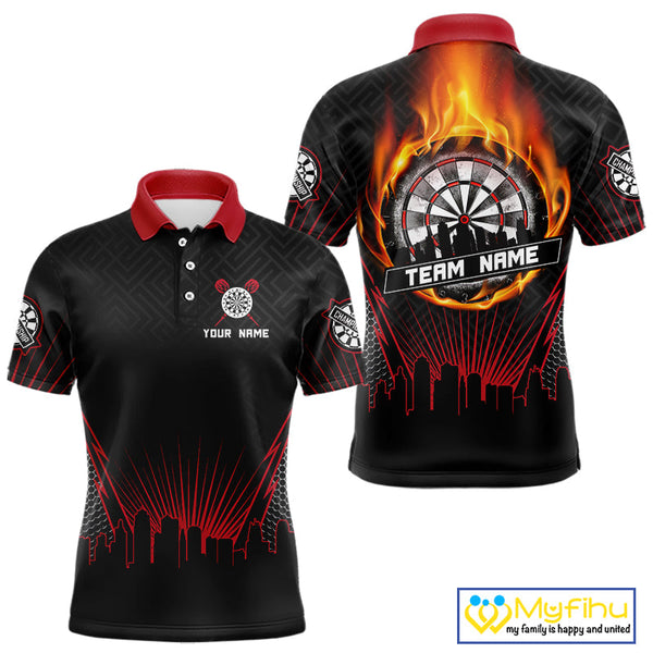 Custom Black And Red Fire Flame Darts Polo Shirts For Men, Vintage Dart Team Shirt NYN0071