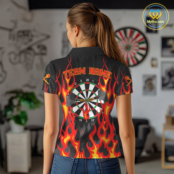 Custom Fire Flame Darts Team Polo Shirts For Women, Dart Tournament Shirt NYN0072