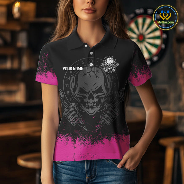 Custom Black And Pink Skull Darts Women Polo Shirts, Dart Team Tournament Shirt NYN0078