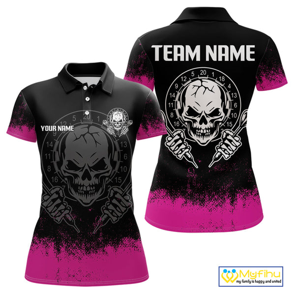 Custom Black And Pink Skull Darts Women Polo Shirts, Dart Team Tournament Shirt NYN0078