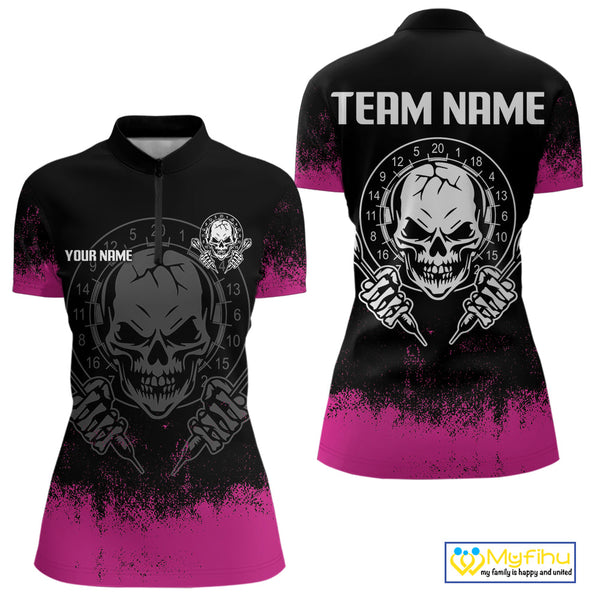 Custom Black And Pink Skull Darts Women Quarter-Zip Shirts, Dart Team Tournament Shirt NYN0078