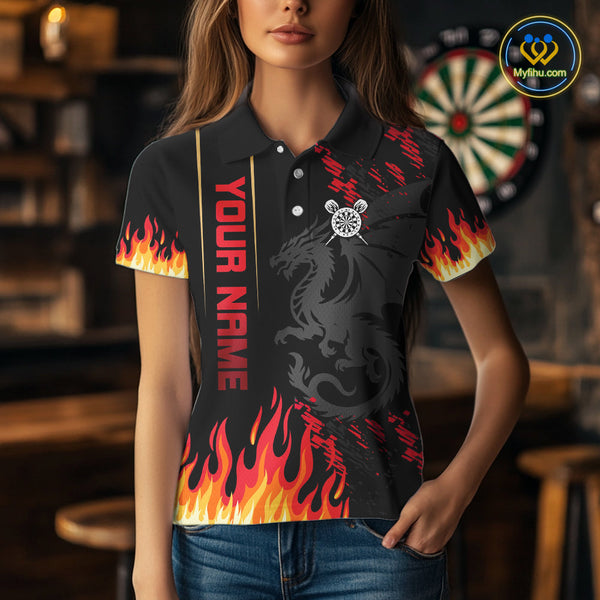 Custom Red Flame Dragon Dart Team Women Polo Shirts, Dragon Darts Jerseys NYN0081