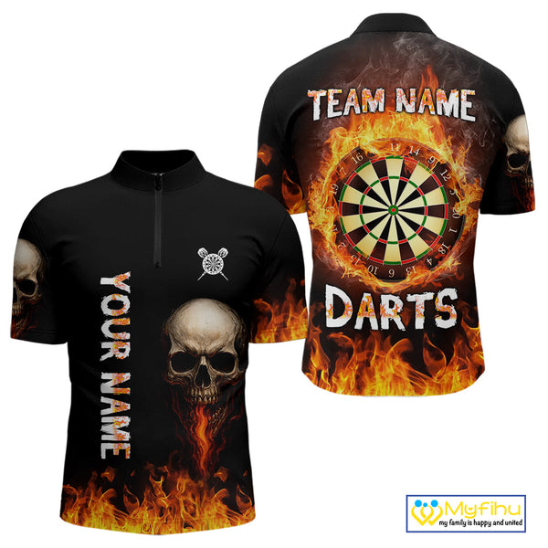 Custom Flame Skull Darts Quarter-Zip Shirts For Men, Dart Tournament Team Jersey NYN0087