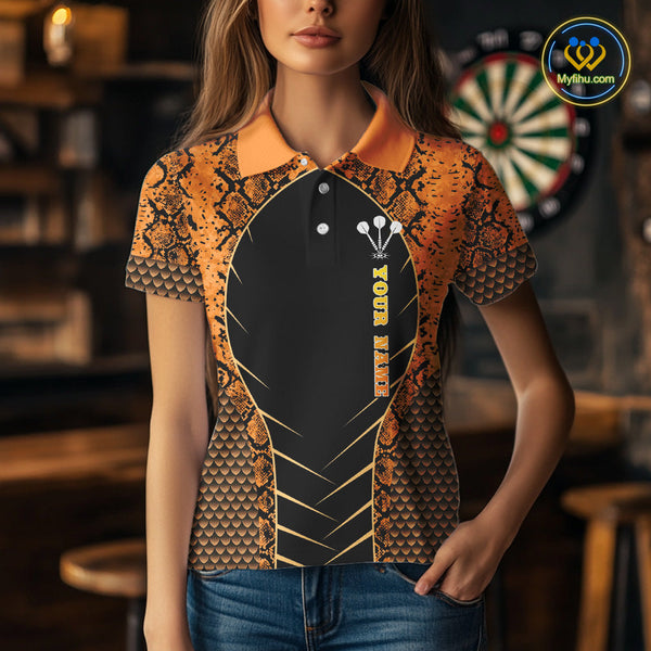 Custom Black And Orange Snake Pattern Cobra Dart Team Women Polo Shirt, Dart Jerseys NYN0449