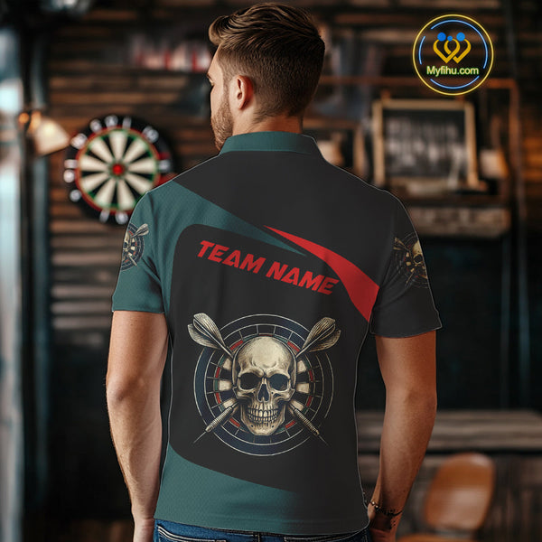 Custom Black Green Skull Dart Skull Polo Shirts For Men, Halloween Dart Outfit NYN0700