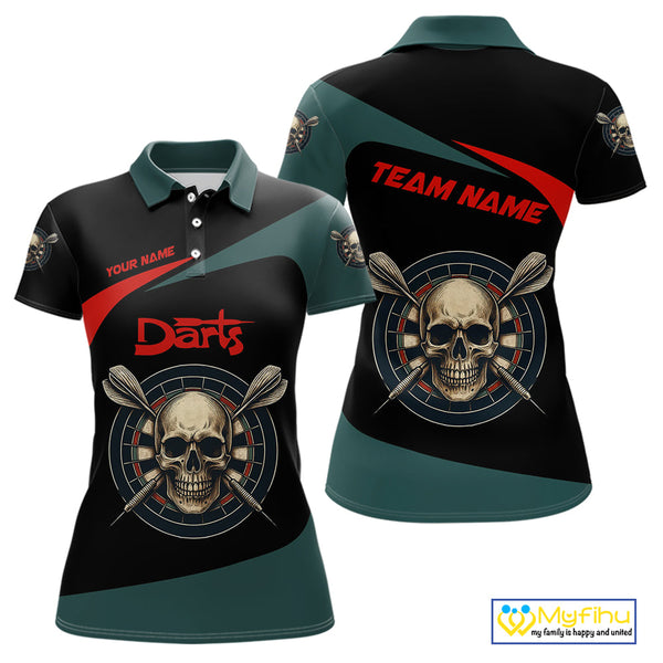 Custom Black Green Skull Dart Skull Polo Shirts For Women, Halloween Dart Outfit NYN0700