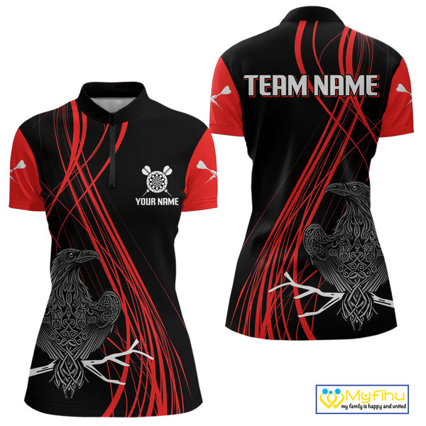 Custom Red Celtic Raven Dart Quarter-Zip Shirts For Women, Tribal Dart Team Jerseys NYN0105