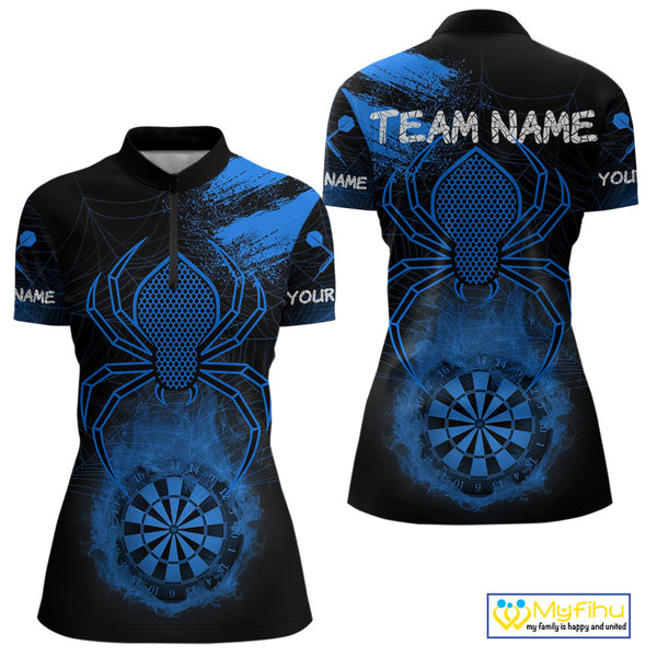 Custom Blue Smoke Flame Spider Dart Team Women Quarter-Zip Shirt, Halloween Dart Outfit NYN0468